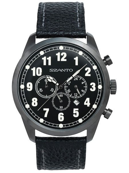 Szanto 46mm Black Ion Plated Vintage Inspired Chronograph Watch, 24-Hr Sub-Dial #2001