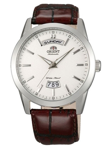 Orient Union 21-Jewel Automatic Day and Date Watch with White Dial and Brown Strap #EV0S005W