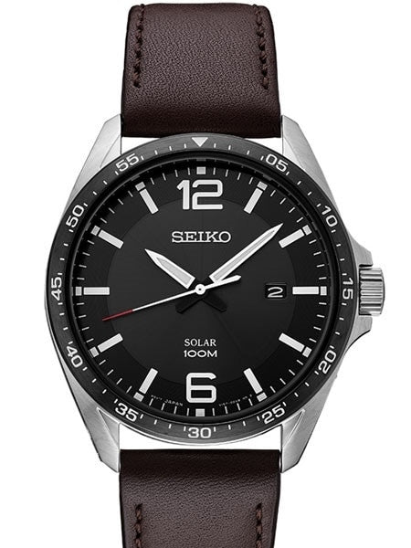 Seiko Solar Watch with 43mm Stainless Steel Case and Leather Strap #SNE487