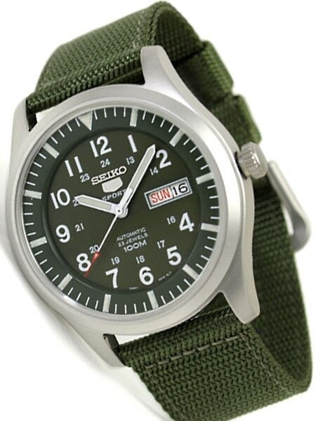 Seiko Military Dark Green Dial Automatic Watch with 42mm Case, Green Canvas Strap #SNZG09K1