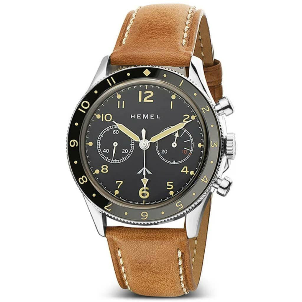 HEMEL Black Mechanical Chronograph Watch with Dual-Time Bezel and