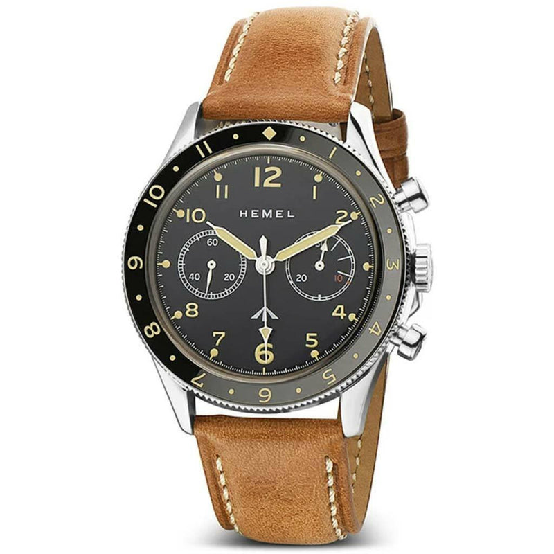HEMEL Black Mechanical Chronograph Watch with Dual-Time Bezel and DD Sapphire Crystal #HF15