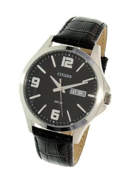 Citizen Quartz Casual Watch with Black Aviator-Style Dial and Leather Strap #BF2001-04E
