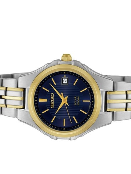 Seiko Two-Tone Women's Solar Dress Watch with Blue Dial, Goltone Hands and Markers #SUT224