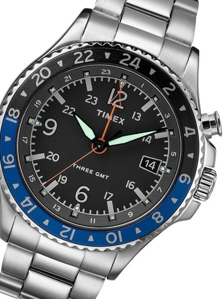 Timex 43mm Allied Three GMT Quartz Watch with Black Dial and INDIGLO Night-Light #TW2R43500VQ