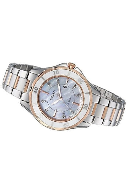 Seiko Two-Tone Women's Solar Dress Watch with MOP Dial, Rose Goltone Hands and 8 Diamond Markers #SUT340