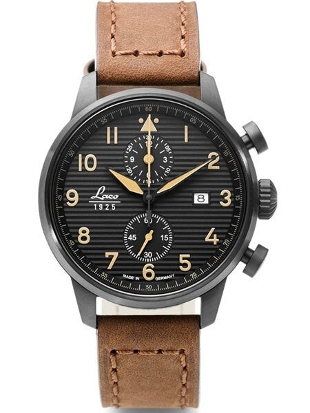 Laco Engadin Two-Eye Chronograph Watch with 42mm PVD Case and Corrugated Dial #861976