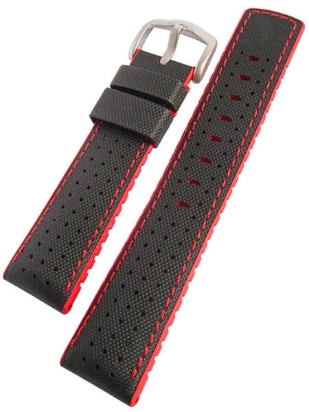 Hirsch ROBBY Sailcloth Effect Performance Watch Strap, Black and Red #09120940-50