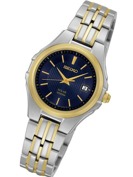 Seiko Two-Tone Women's Solar Dress Watch with Blue Dial, Goltone Hands and Markers #SUT224