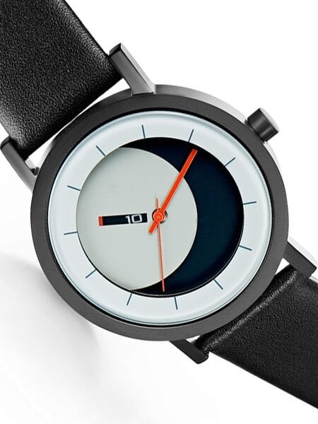 Projects 40mm Black Lunaround Quartz Watch with Matching Leather Strap #7268