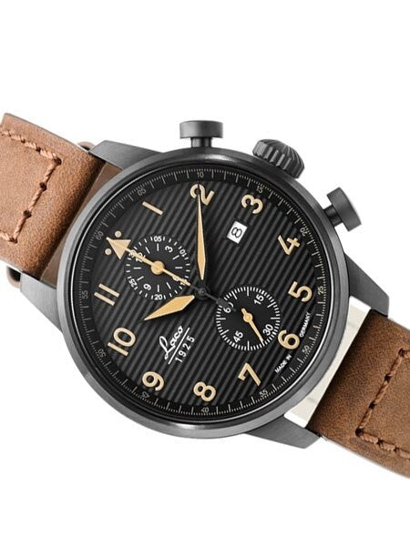 Laco Engadin Two-Eye Chronograph Watch with 42mm PVD Case and Corrugated Dial #861976
