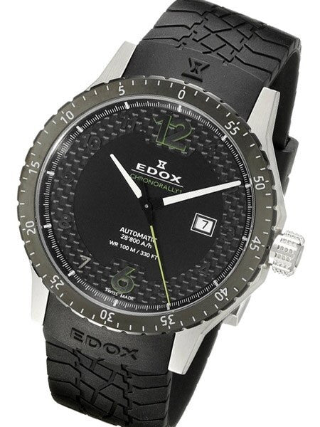 Edox Chronorally Swiss Automatic Sport Watch with Carbon Fiber Ringed Black Dial #80094-3N-NV