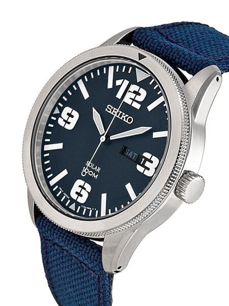 Seiko Aviator Blue Dial Solar Watch with 43mm Case, Blue Canvas Strap #SNE329