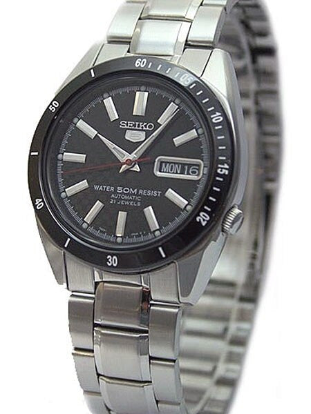 Seiko 21-Jewel Automatic Watch with Carbon Fiber Dial and Black Bezel #SNKF51K1