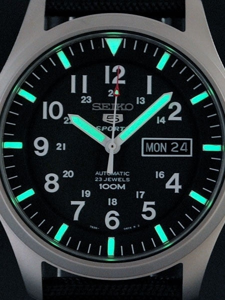 Seiko Military Black Dial Automatic Watch with 42mm Case, Black Canvas Strap #SNZG15K1