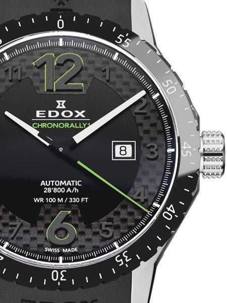 Edox Chronorally Swiss Automatic Sport Watch with Carbon Fiber Ringed Black Dial #80094-3N-NV