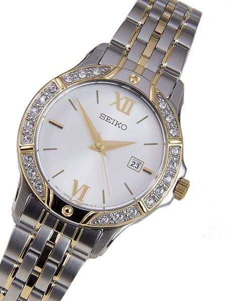 Seiko Two-Tone Women's Quartz Dress Watch with Swarovski Crystal Bezel, Mother of Pearl Dial #SUR864
