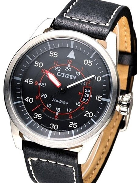Citizen Eco-Drive Black Dial Pilot Watch with Black Leather Strap #AW1360-04E