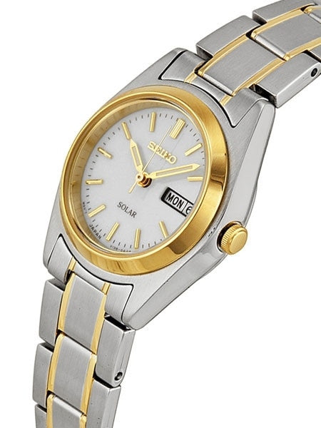 Seiko Two-Tone Women's Solar Dress Watch with White Dial, Goltone Hands and Markers #SUT108