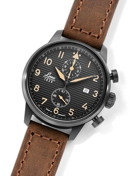 Laco Engadin Two-Eye Chronograph Watch with 42mm PVD Case and Corrugated Dial #861976