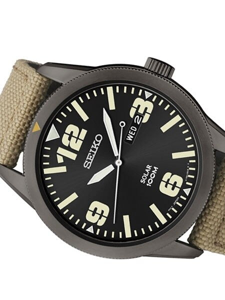 Seiko Aviator Black Dial Solar Watch with 43mm Black Ion Case, Tan Canvas Strap #SNE331
