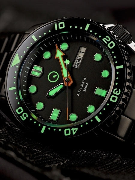 Islander Black Dial Automatic Dive Watch with DLC Case and Bracelet, AR Sapphire Crystal, and Luminous Ceramic Bezel Insert #ISL-34