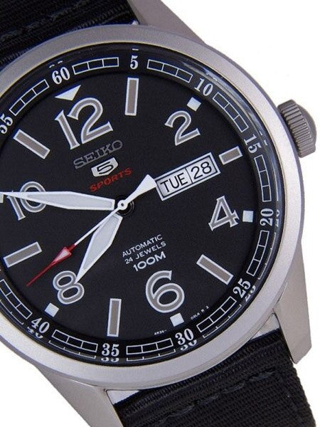 Seiko Sports 5 Black Dial 24-Jewel Automatic Watch with 44mm Case, Canvas Strap #SRP625K1