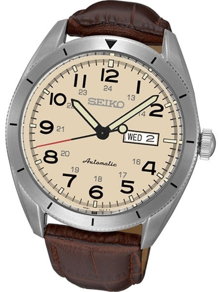 Seiko Military Beige Dial Automatic Watch with 43.5mm Case, Brown