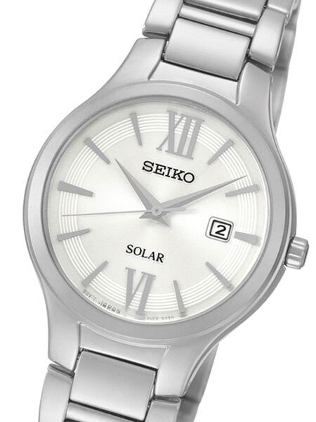 Seiko Women's Solar Watch with White Dial and Silvertone Hands and Markers #SUT207