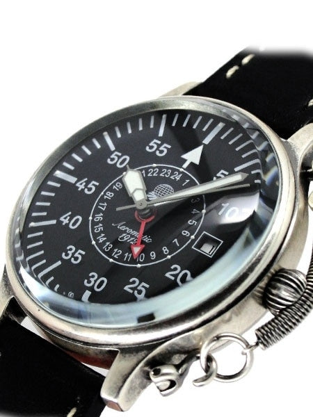 Aeromatic 1912 Automatic 24 Hour Watch, Black Dial and Spring Crown Guard #A1395