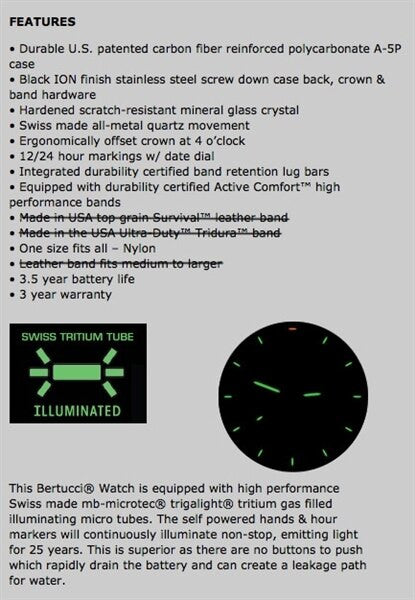 Bertucci 45mm Black Polycaronate A-5P Case Watch with Tritium Tube Lights #13500