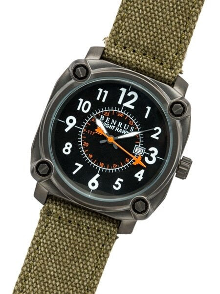 BENRUS 43mm Stainless Steel, Military-Inspired Quartz Nighthawk Watch #BR002A