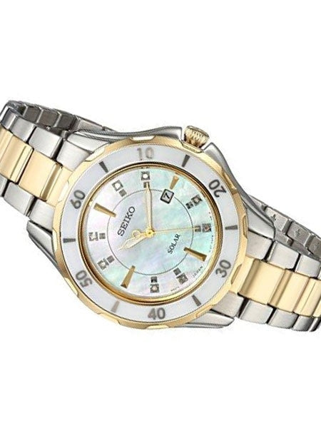 Seiko Two-Tone Women's Solar Dress Watch with MOP Dial, Goltone Hands and 8 Diamond Markers #SUT338
