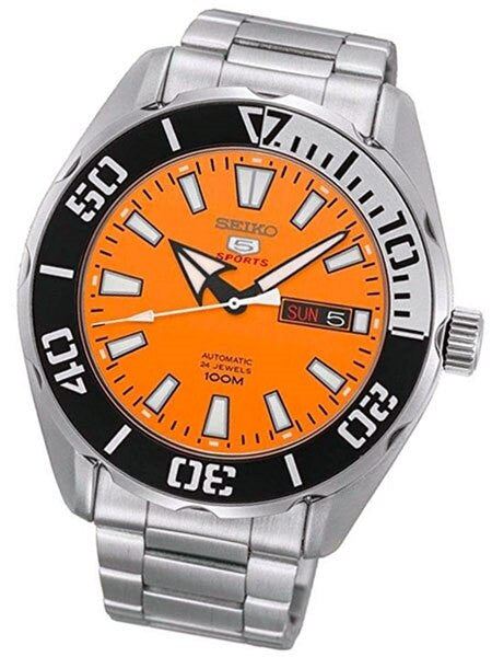 Seiko 5 Sports Automatic 24-Jewel Watch with Orange Dial and SS Bracelet #SRPC55K1