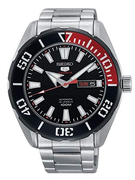 Seiko 5 Sports Automatic 24-Jewel Watch with Black Dial and SS Bracelet #SRPC57K1