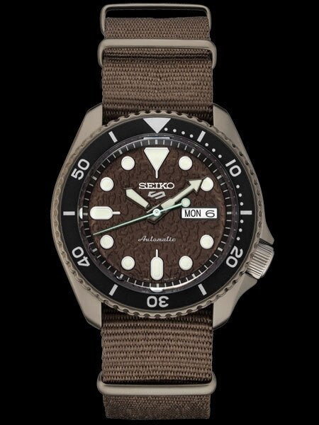 Seiko 5 Sports 24-Jewel Automatic Watch with Textured Chestnut Red Dial and Nylon Strap #SRPD85