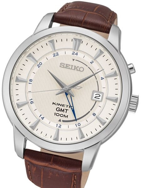 Seiko Core Series Kinetic GMT Dual-Time Watch with 44mm Case and Leather Strap #SUN041