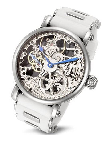 Rougois Hand Wind Decorated Skeleton Movement Watch on White Strap #RSSWSB