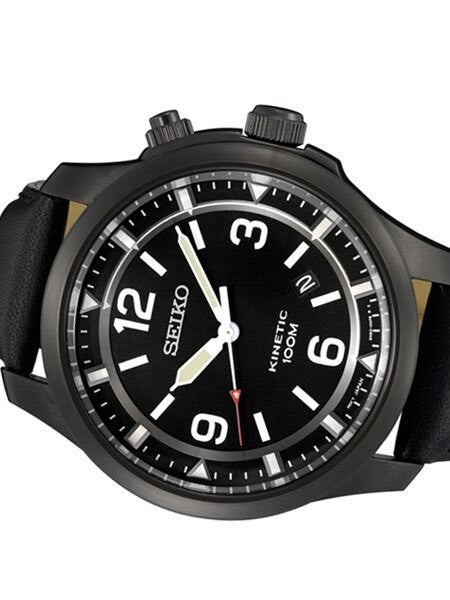 Seiko Kinetic Black Ion-Plated 43.5mm Field Watch with Power Reserve #SKA709