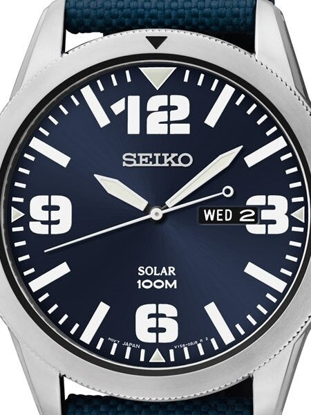 Seiko Aviator Blue Dial Solar Watch with 43mm Case, Blue Canvas Strap #SNE329
