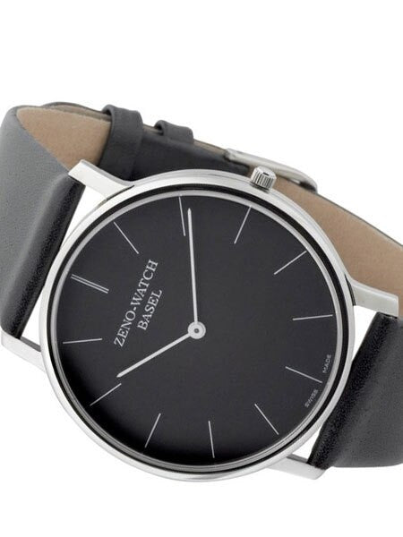 Zeno 40mm Bauhaus Dress Watch with Black Dial, Leather Strap and Swiss Quartz Movement #3767Q-i1