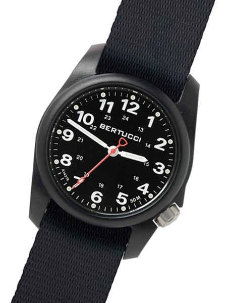 Bertucci A-1R Field Comfort watch with fiber reinforced polycarbonate Unibody case, Black Nylon Strap, Black Dial #10500