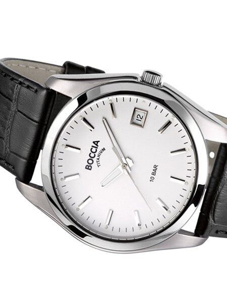 Boccia Mens Silver Quartz Watch with 40mm Titanium Case and Leather Strap #3548-01