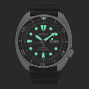 Seiko Turtle Prospex Automatic Dive Watch with Black Dial and Black Silicone Dive Strap #SRPE93 lume