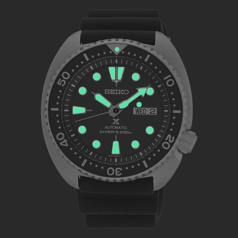 Seiko Turtle Prospex Automatic Dive Watch with Black Dial and Black Silicone Dive Strap #SRPE93 lume