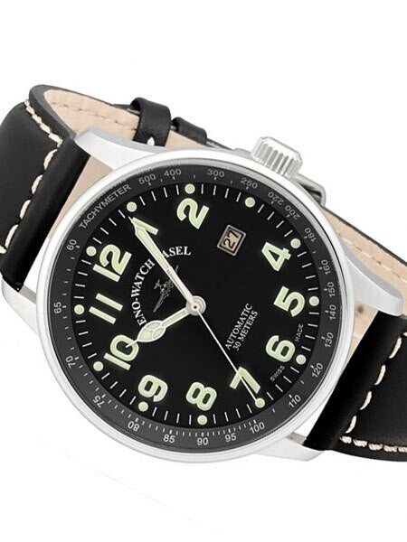 Zeno Mens XL Pilot Watch with Black Dial, Black Leather Strap and Swiss Automatic Movement #P554-a1