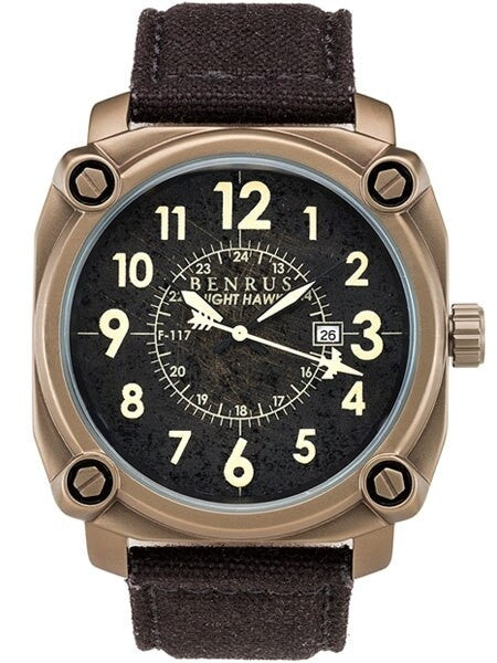 BENRUS 43mm Stainless Steel, Military-Inspired Quartz Nighthawk Watch #BR002C