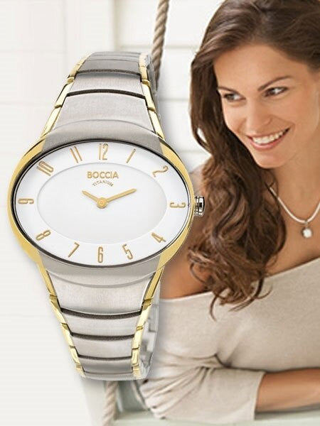 Boccia Ladies Quartz Watch with an Oval, Two-Tone Titanium Case and Matching Bracelet #3165-11