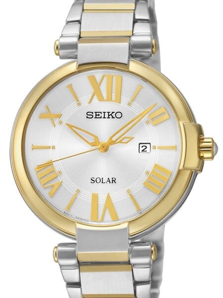 Seiko Two-Tone Women's Solar Dress Watch with Silver Dial, Goltone Hands and Markers #SUT174