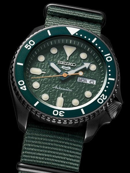 Seiko 5 Sports 24-Jewel Automatic Watch with Textured Green Dial and Nylon Strap #SRPD77